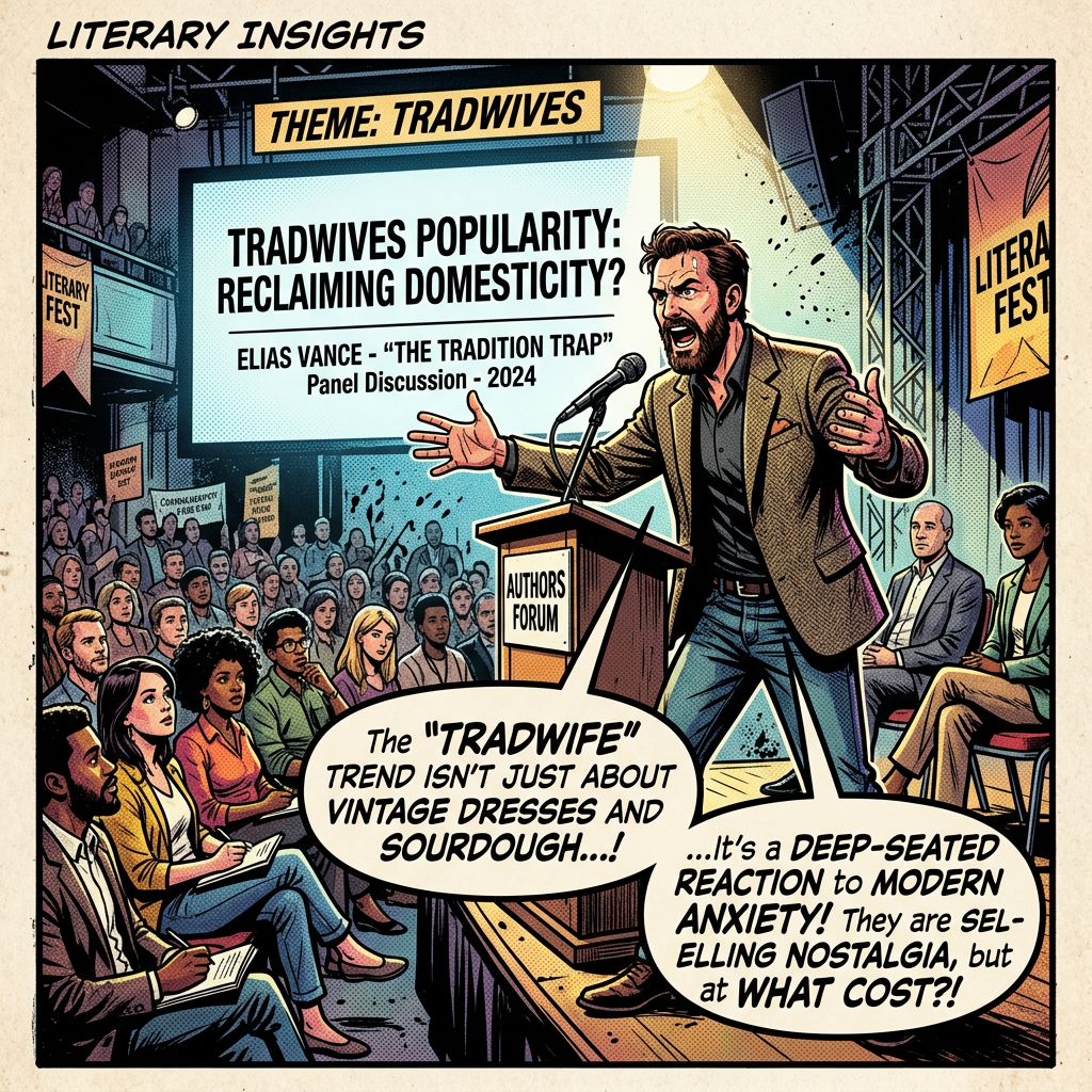 Man speaking at a literary panel about tradwives trend with audience listening